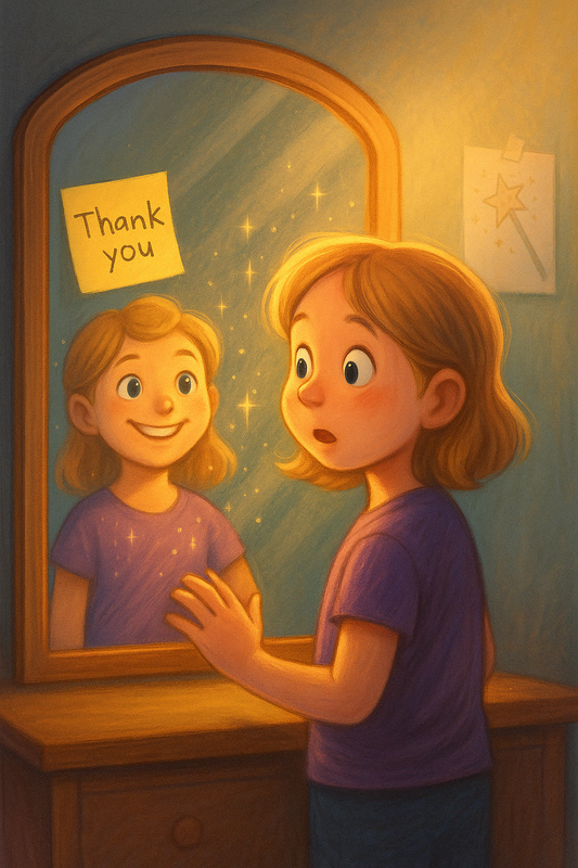 Child, looking at mirror with a thank you note, seeing a happy proud reflection of themselves.