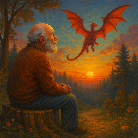 Old wise man sitting down, watching a red Dragon fly away.