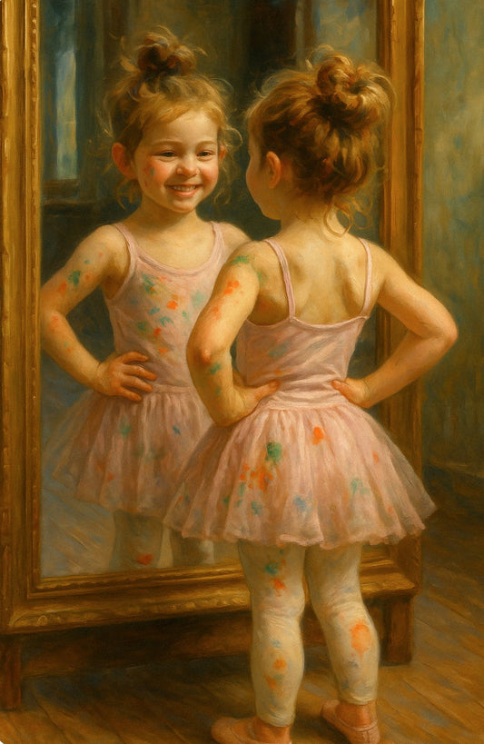 Cute ballerina, covered in paint stains, looking at mirror of feeling proud.