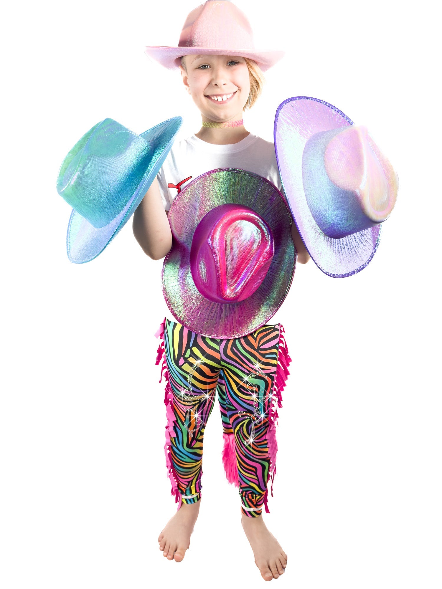 Girl with many hats wearing rainbow zebra personalized leggings.