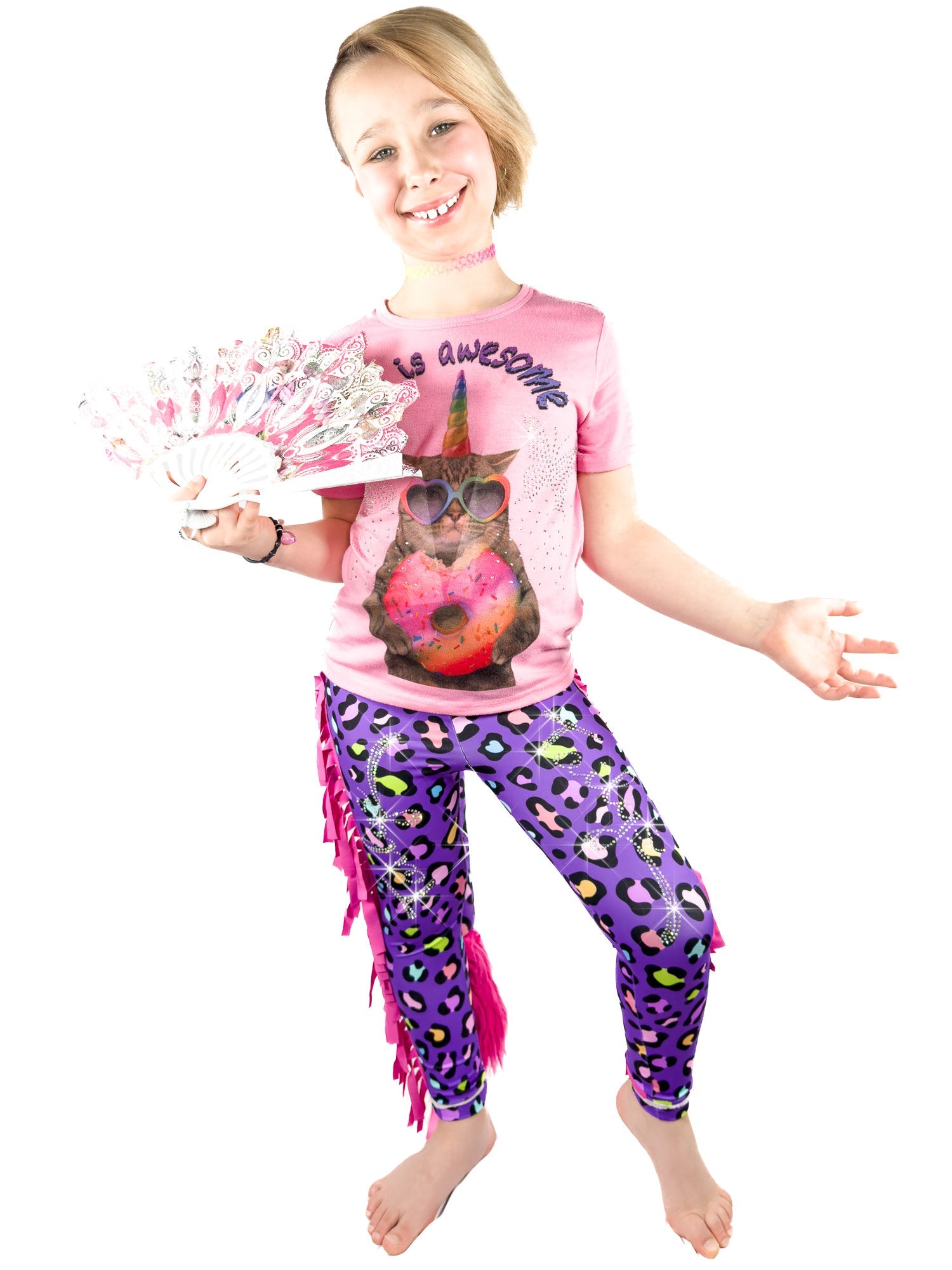 Girl wearing purple leopard for leggings
