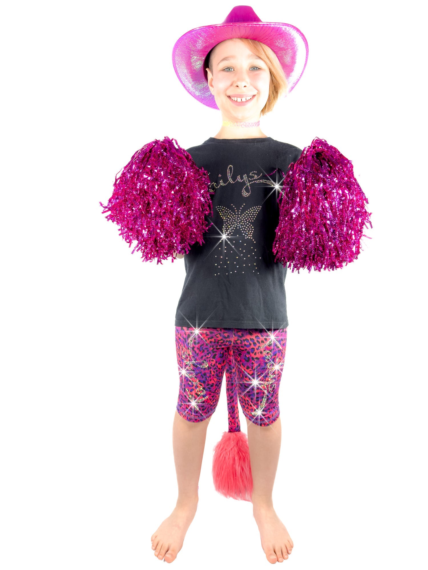 Girl wearing sparkly rhinestone shorts, leggings with tail, blue and red leopard fabric.