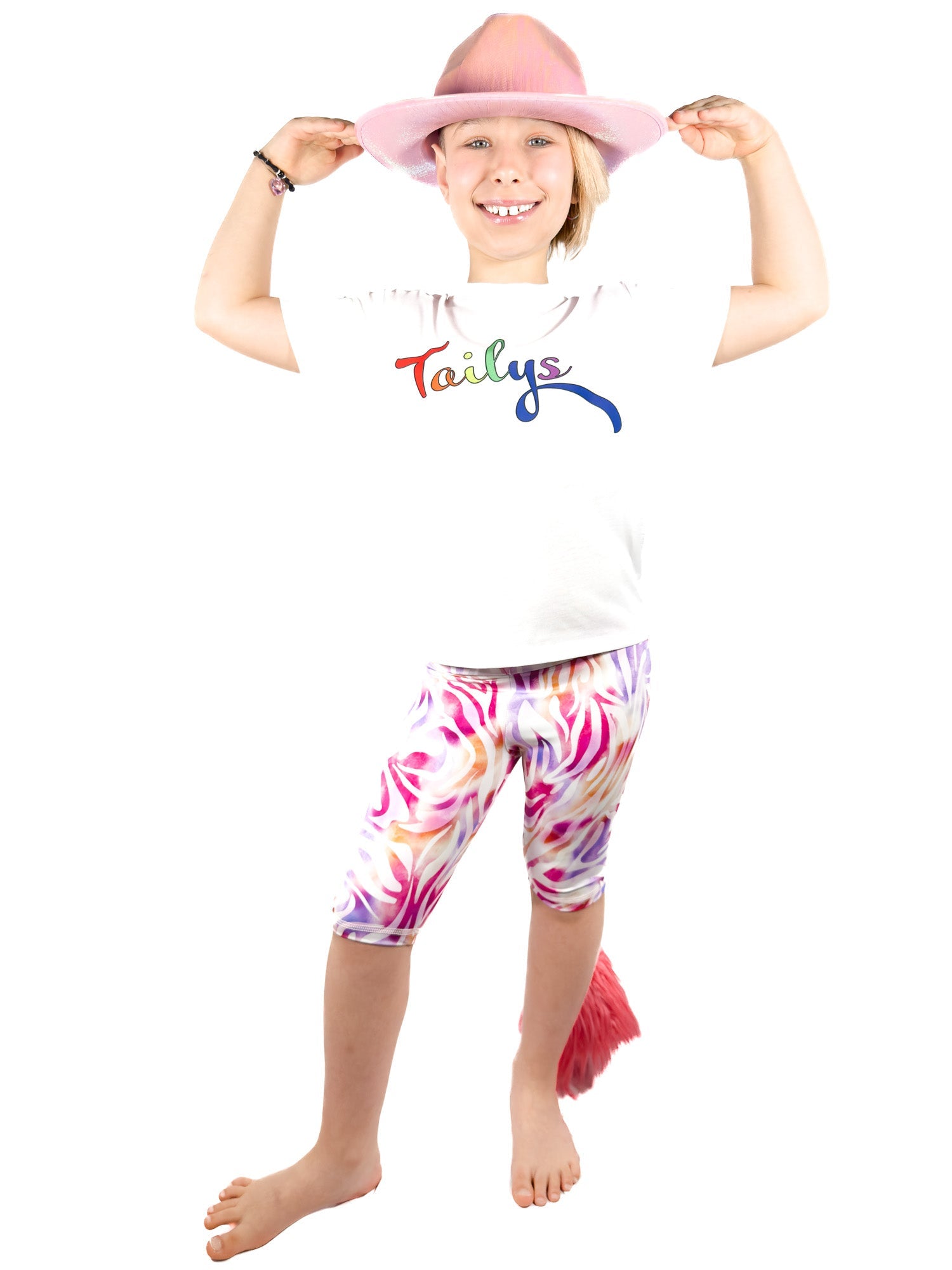 Cute girl with peach ball and had wearing purple leopard shorts leggings with tail.