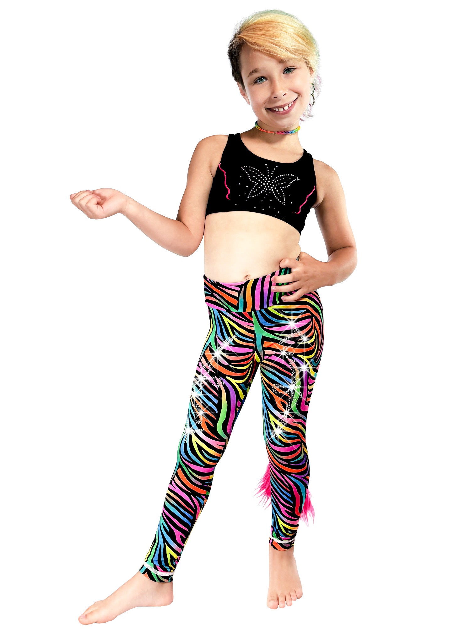 Girl wearing Rainbow Zebra Leggings Rhinestone tail pants by Tailys.