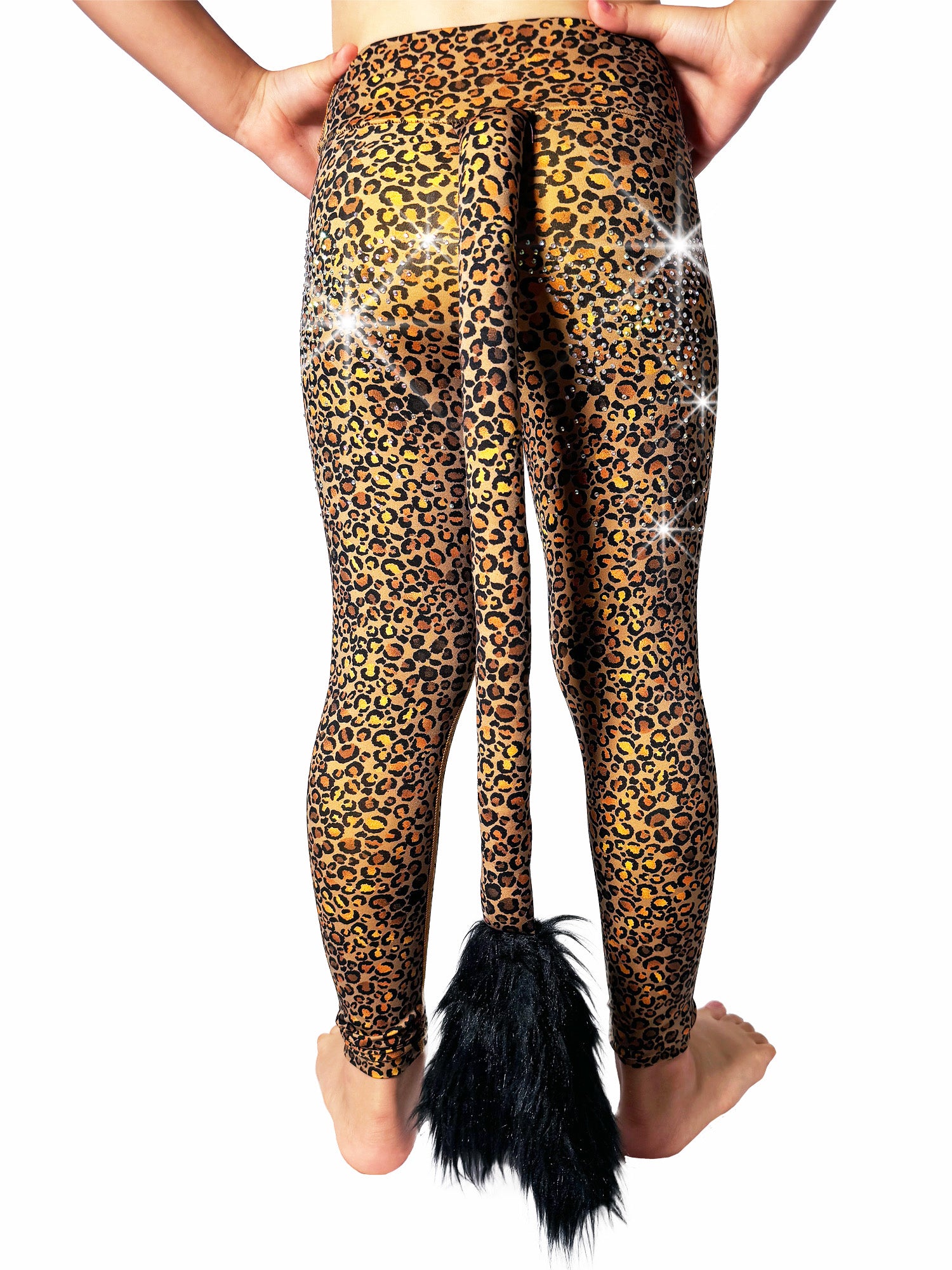 Back view of Brown Cheetah Leggings with Rhinestones and Tail by Tailys