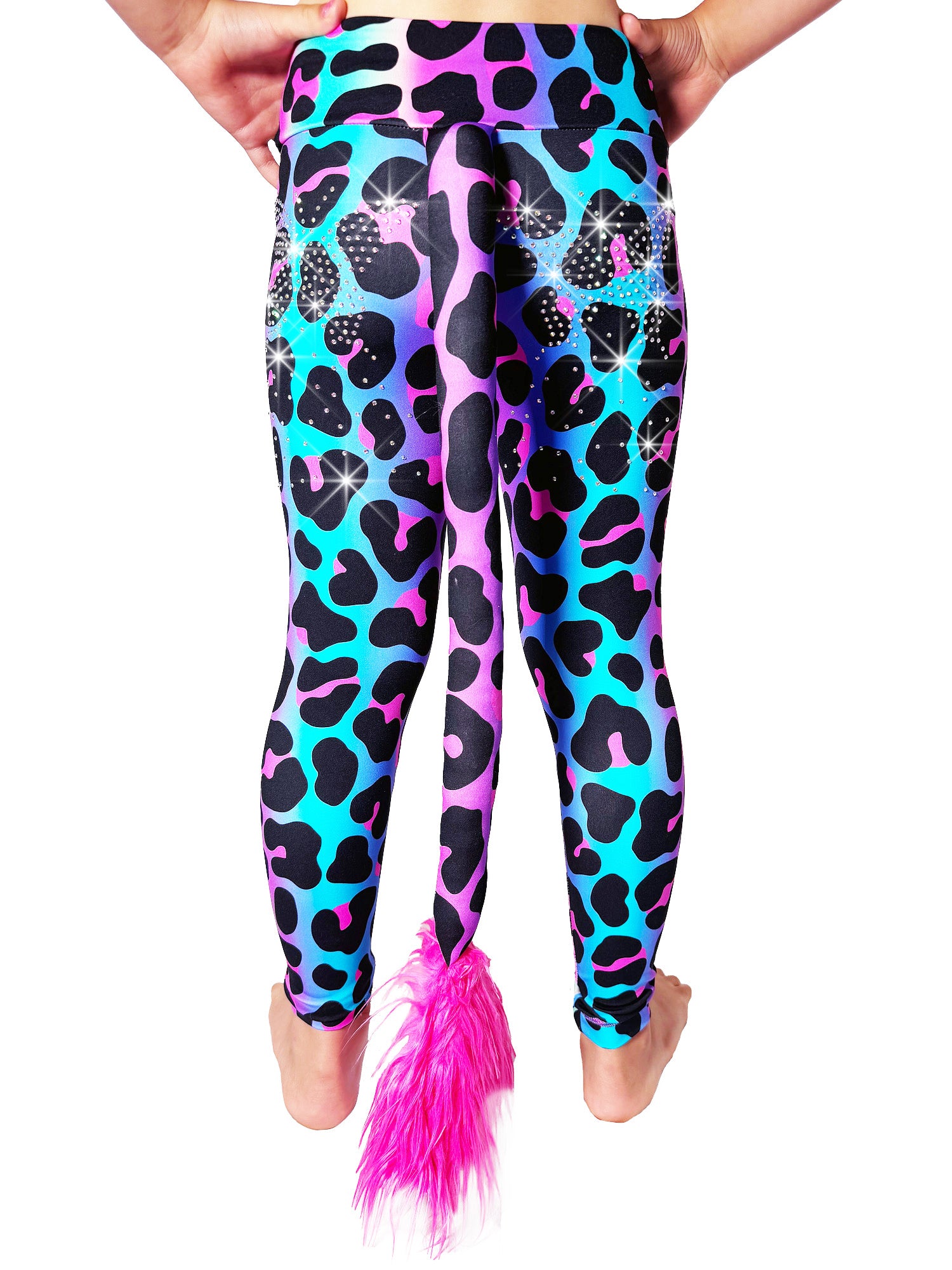 Back view of Rainbow Leopard Leggings Rhinestone Tail Pants by Tailys.