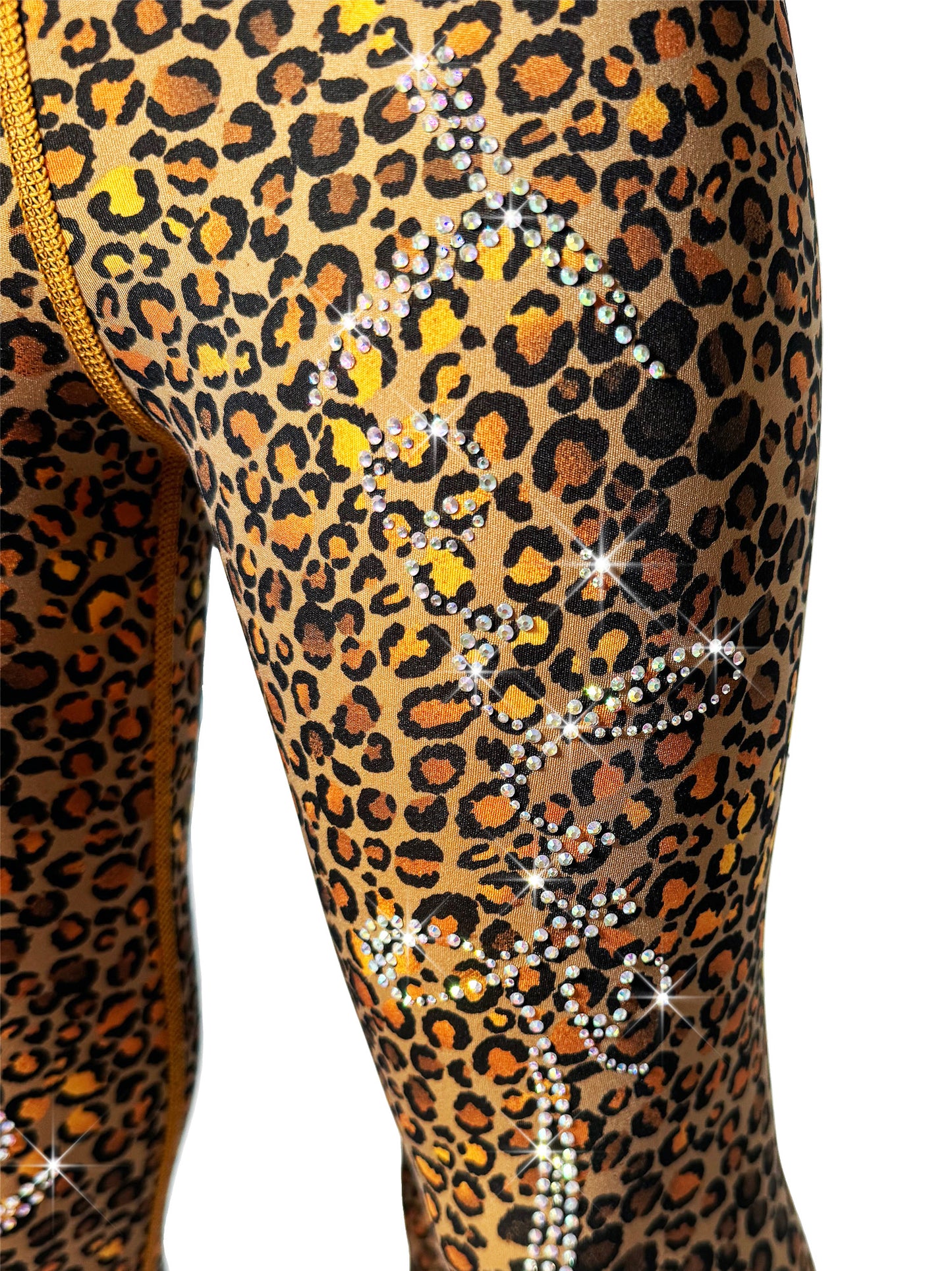 Front closeup view of Brown Cheetah Leggings with Rhinestones and Tail by Tailys