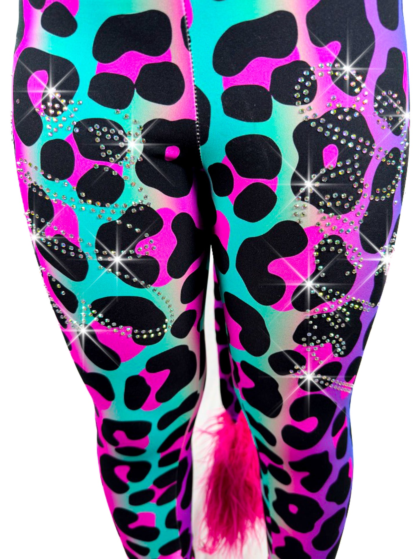 Close up of custom rhinestone girl, leggings leopard print.