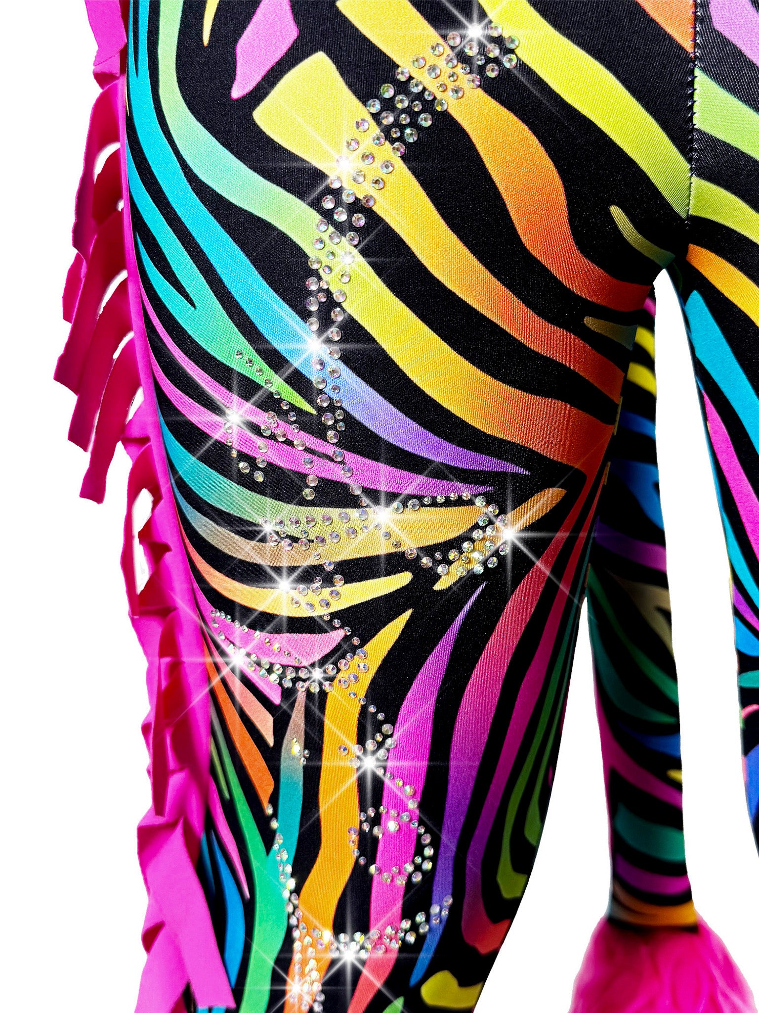Close up front view of Rainbow Zebra Print Leggings Tail Pants with Ruffles by Tailys