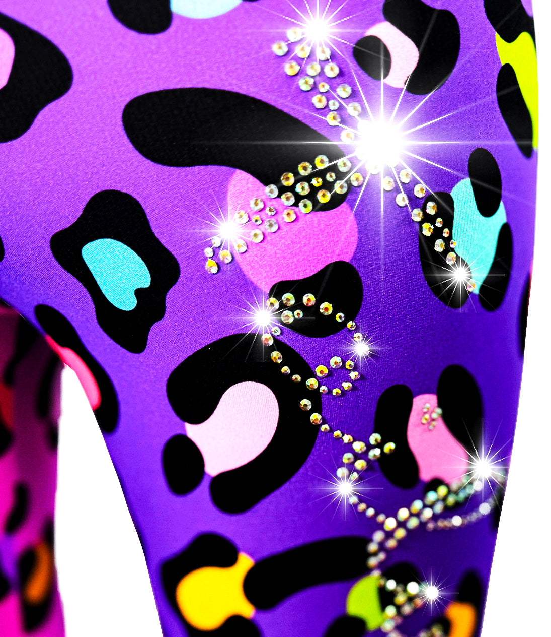 Girls two tone leggings cheetah print close up of rhinestones on tail pants.