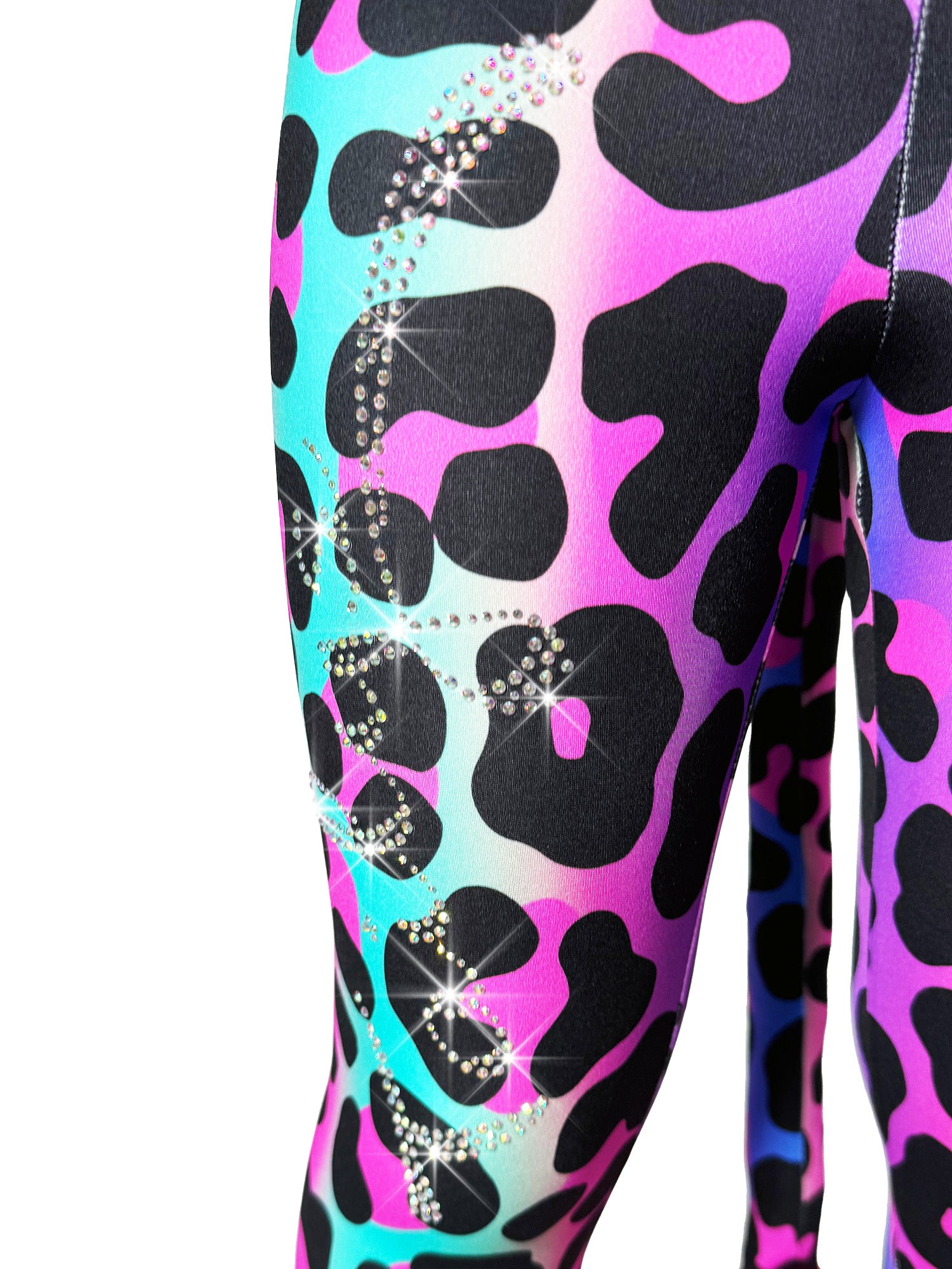 Front close up Rainbow Leopard Leggings Rhinestone Tail Pants by Tailys.
