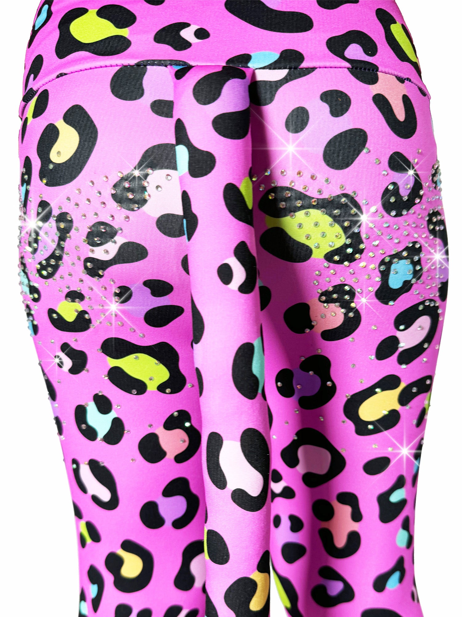 Close up back view of Pink Leopard Leggings Rhinestones Tail Pants for Girls by Tailys.