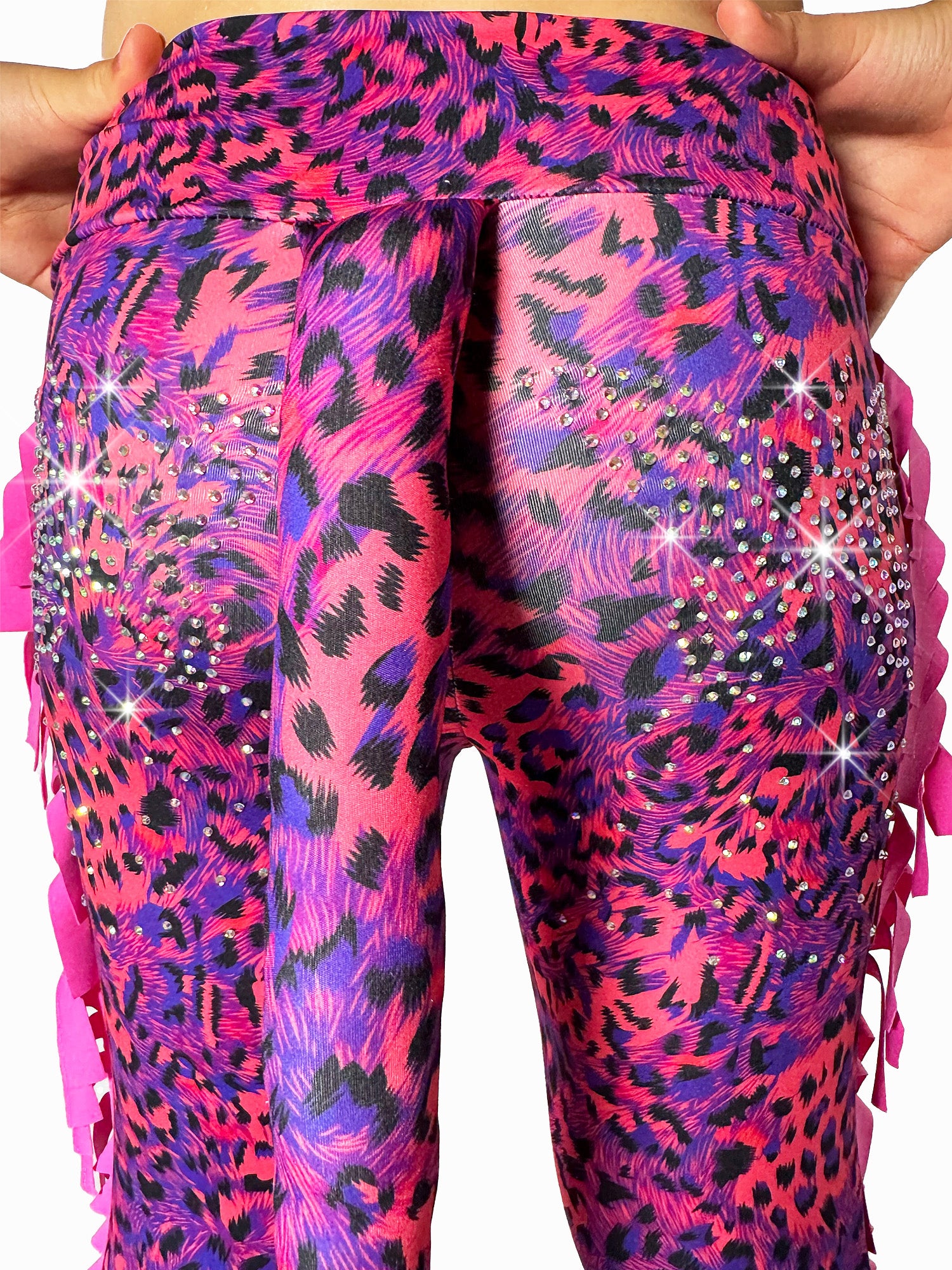 Detailed back view of Red and Blue Leggings Leopard Print Tail Pants with Ruffles and rhinestones for girls by Tailys.