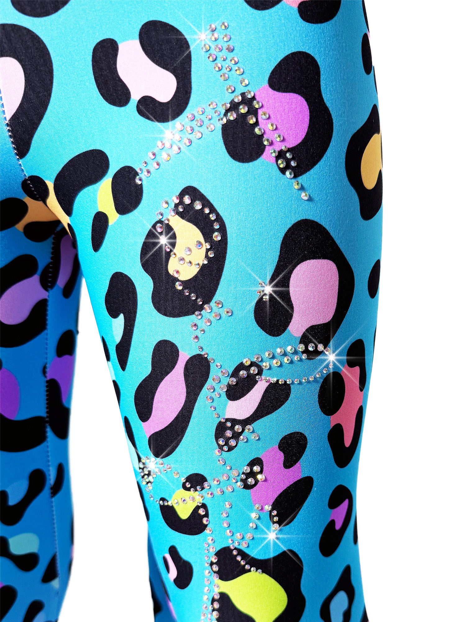 Closeup front view of Blue Leopard Leggings Rhinestones Kids Tail Pants by Tailys