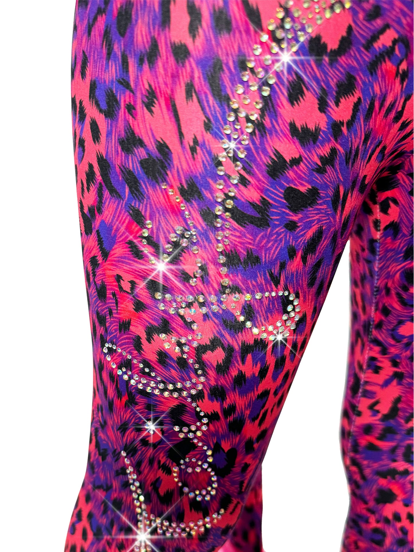 Front closeup view of Blue and Red Leggings Leopard Print Tail Pants rhinestones by Tailys