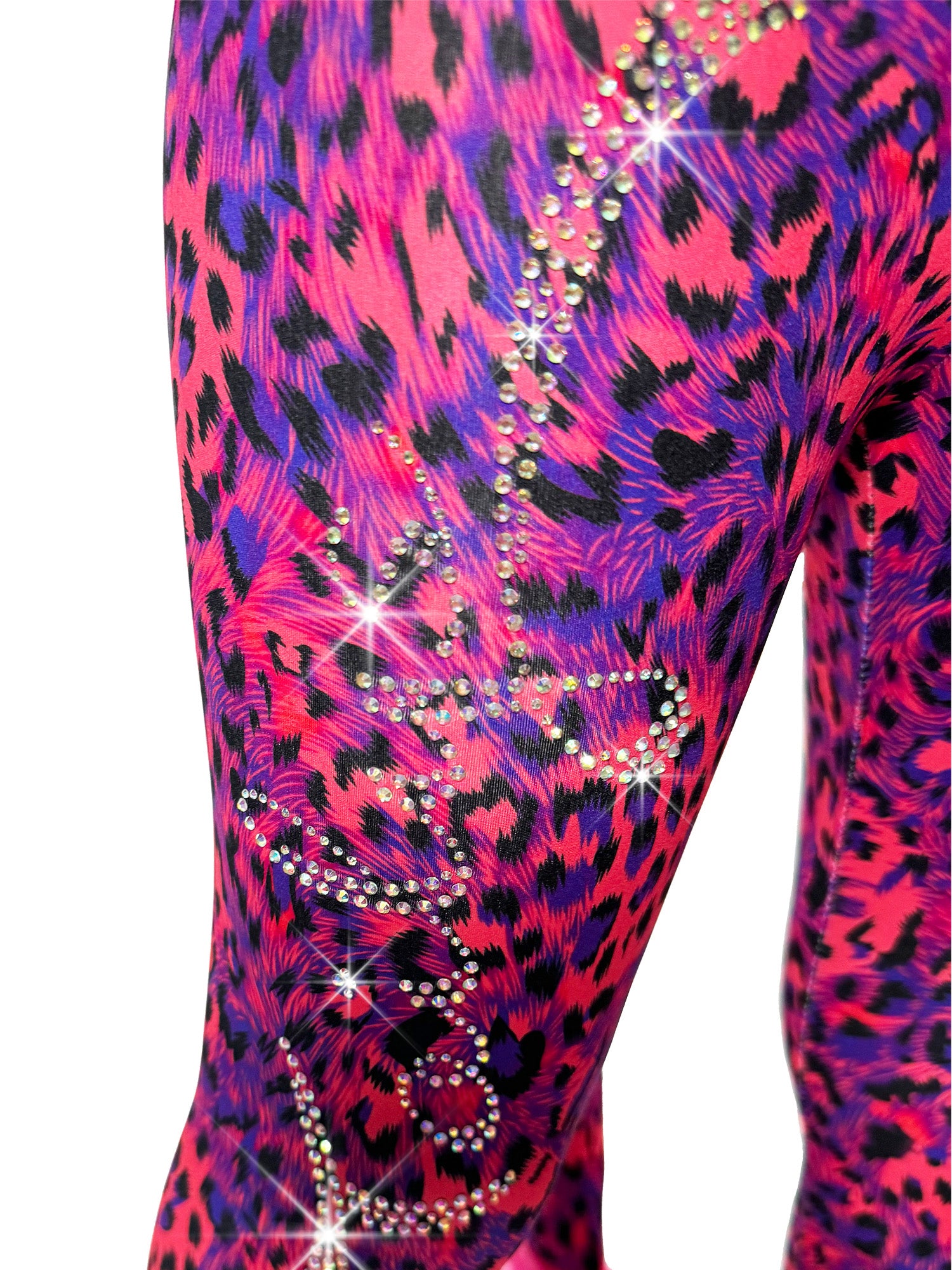 Front closeup view of Blue and Red Leggings Leopard Print Tail Pants rhinestones by Tailys