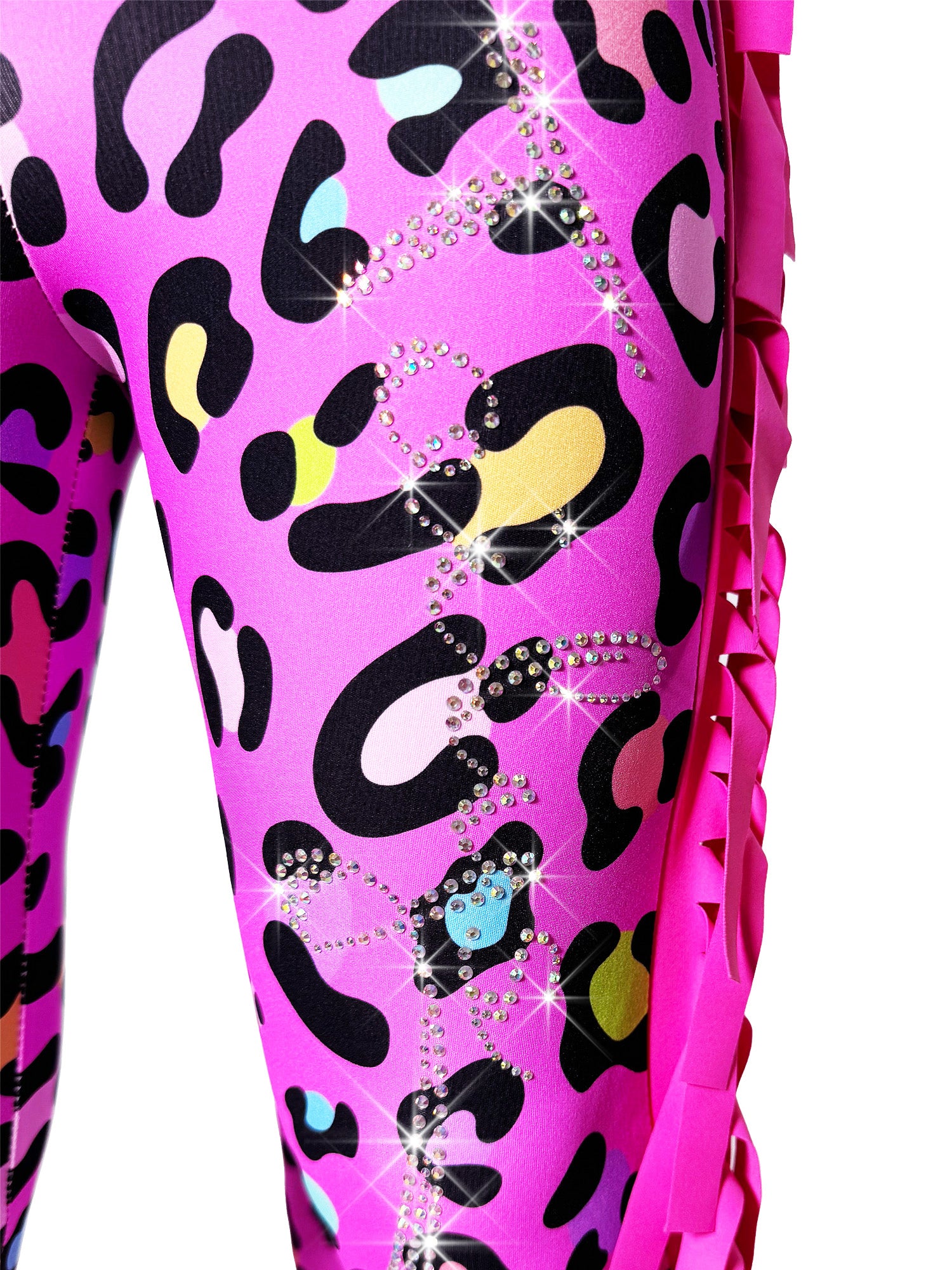 Closeup front view of Pink Girls Ruffle Pants with Rhinestones Tail Pants by Tailys