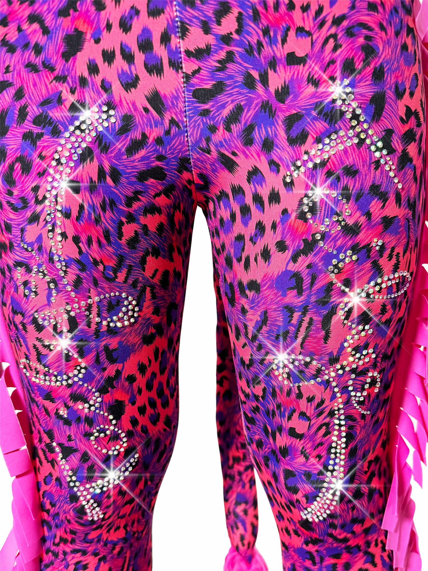 Close up front view of Red and Blue Leggings Leopard Print Tail Pants with Ruffles and rhinestones for girls by Tailys.