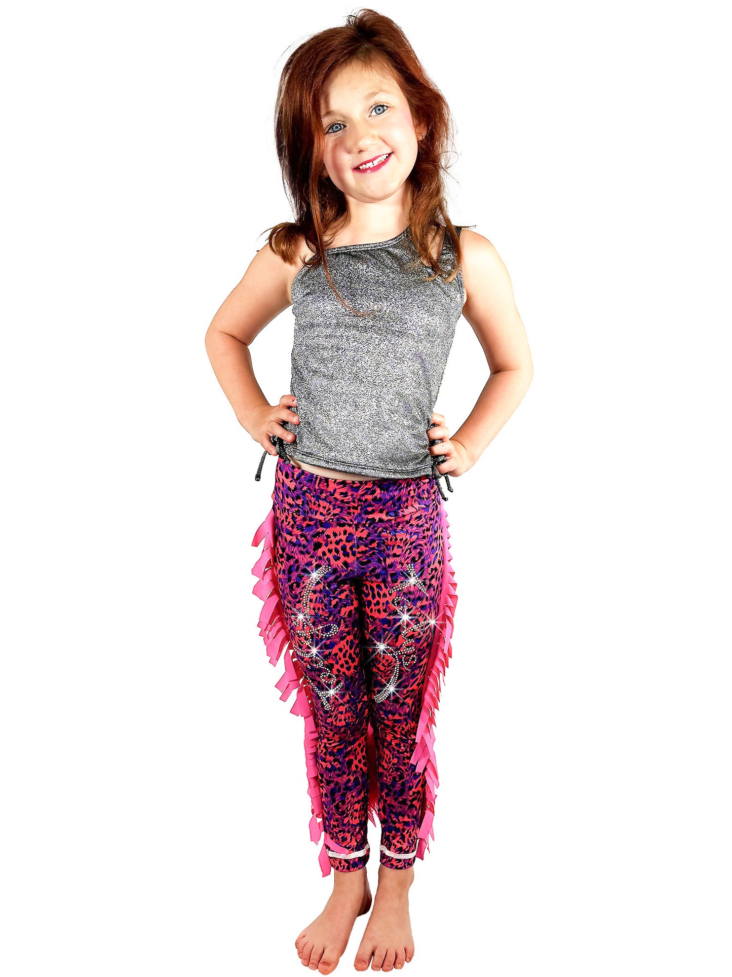 Full view of Red and Blue Leggings Leopard Print Tail Pants with Ruffles and rhinestones for girls by Tailys.