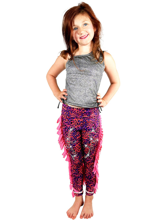 Full view of Red and Blue Leggings Leopard Print Tail Pants with Ruffles and rhinestones for girls by Tailys.