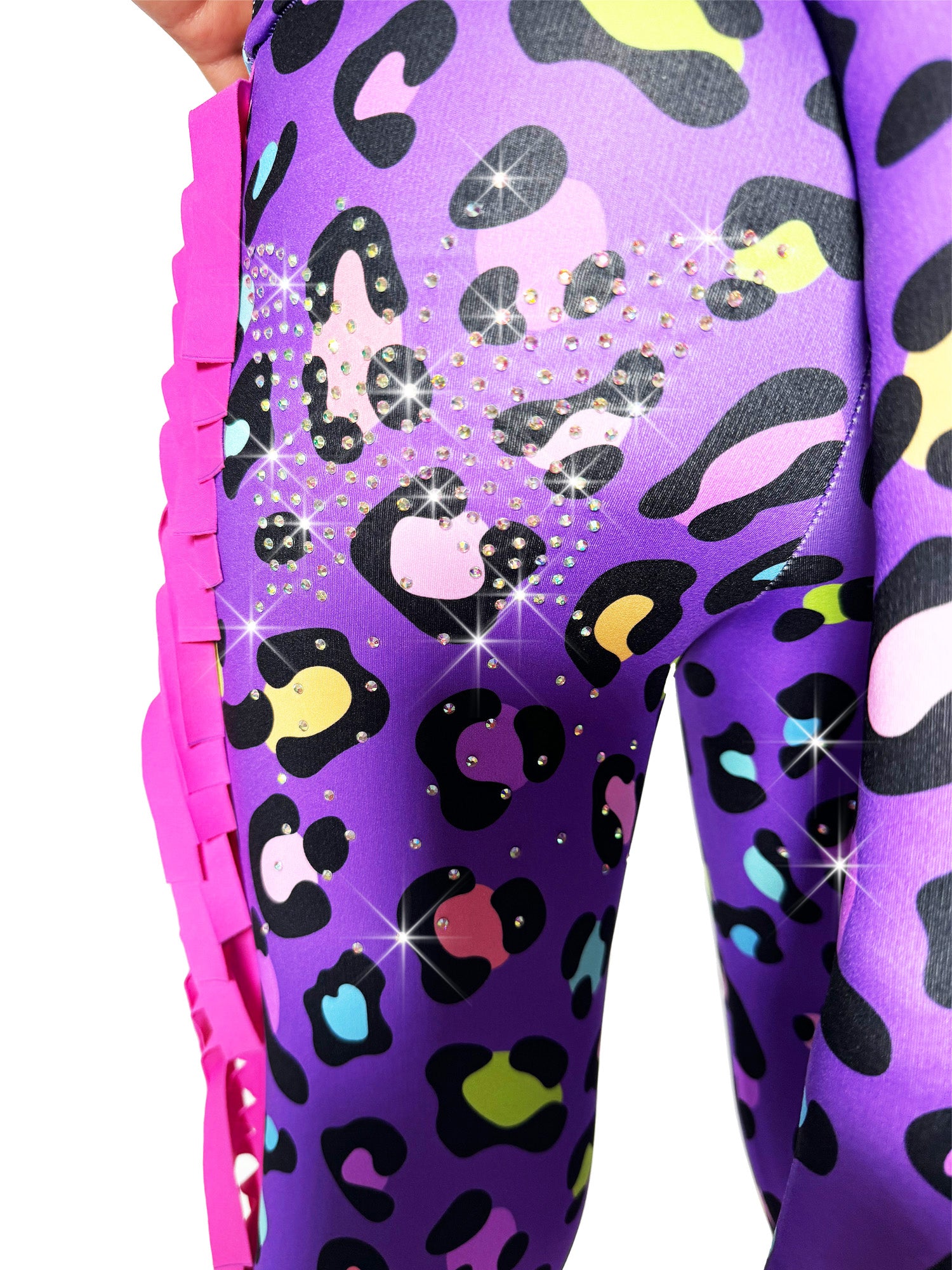 Detailed close up the back view of Purple Leopard Print Girls Pants with Frills, Tail and Rhinestones by Tailys.