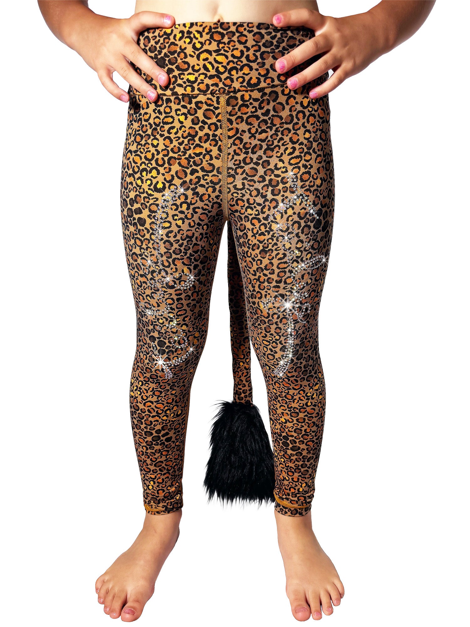 Front view of Brown Cheetah Leggings with Rhinestones and Tail by Tailys