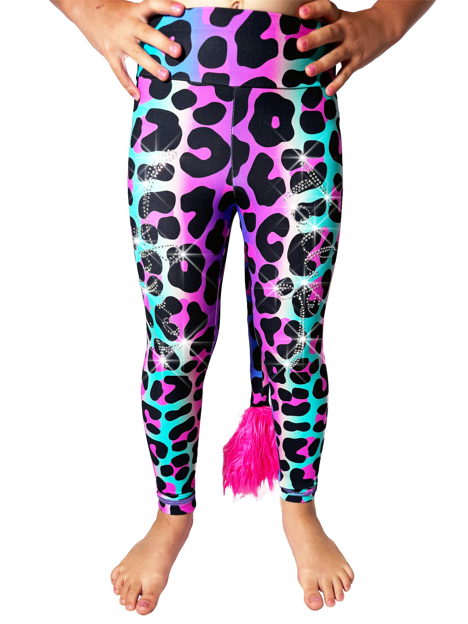 Front view of Rainbow Leopard Leggings Rhinestone Tail Pants by Tailys.
