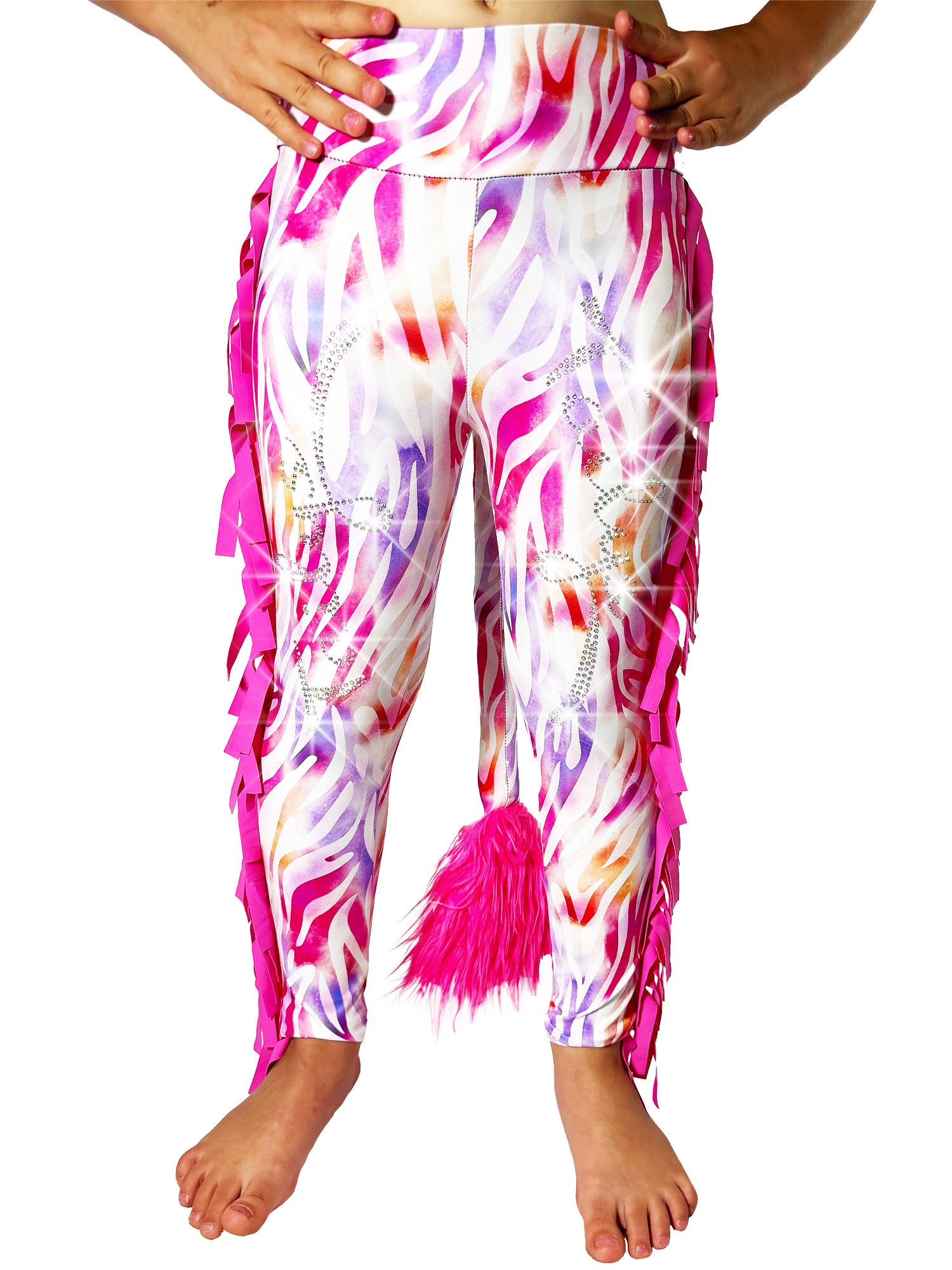 Front view of Zebra Print Leggings Ruffle Pants with Pink Frills and Tail by Tailys
