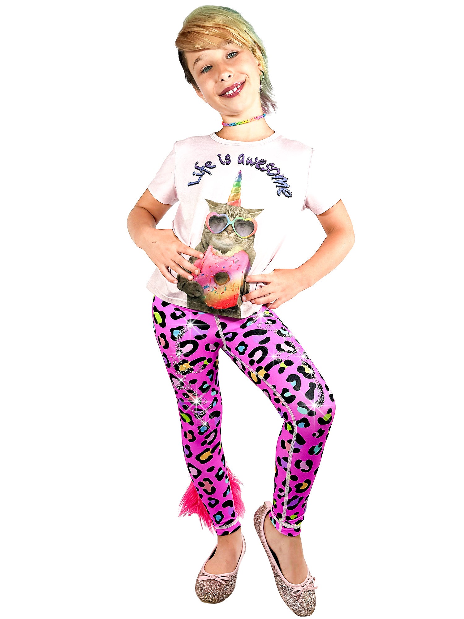 Girl wearing Pink Leopard Leggings Rhinestones Tail Pants for Girls by Tailys.