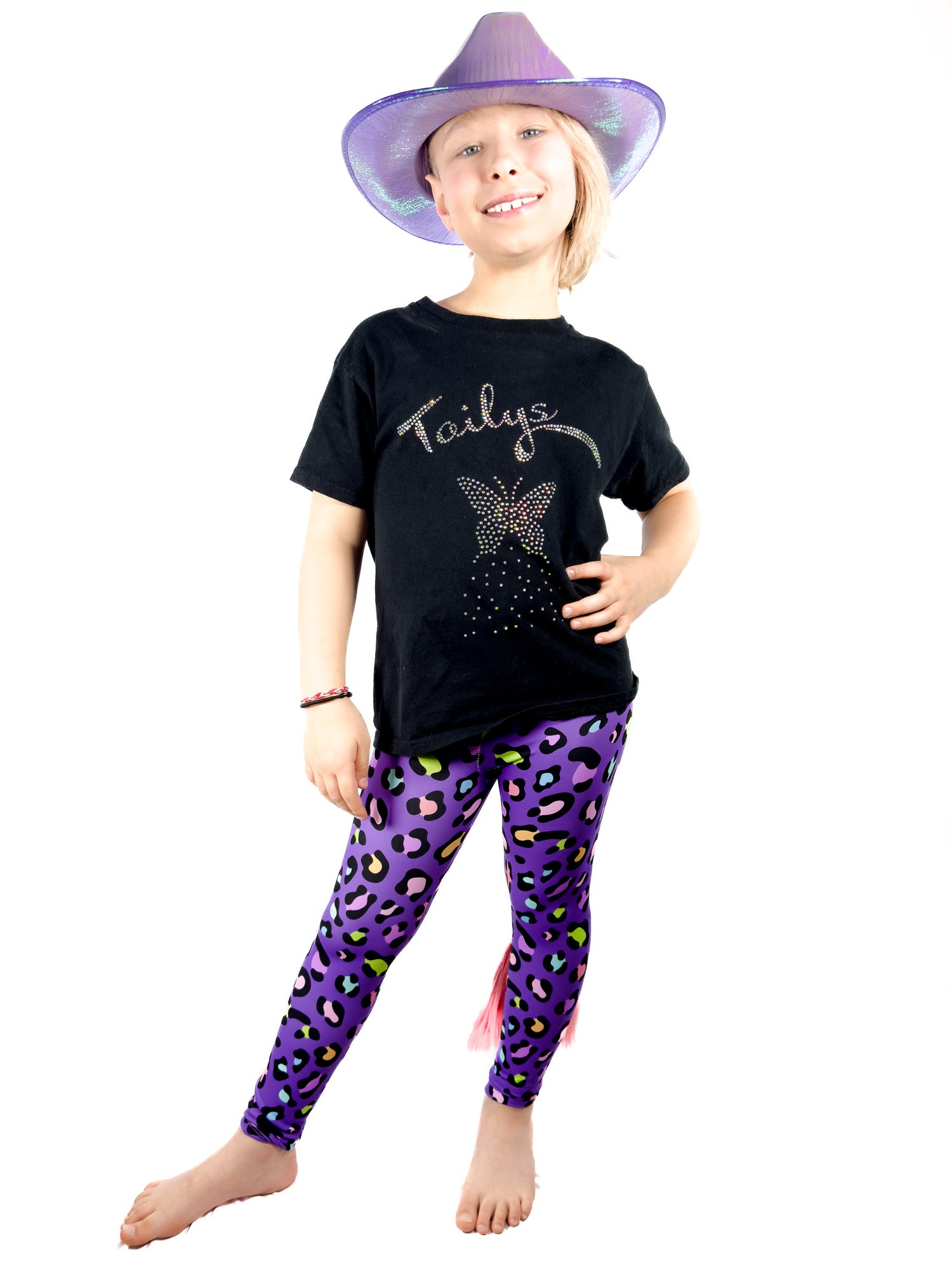 Girl wearing Original Purple Cheetah Print Girls Athletic Leggings with Tail by Tailys.
