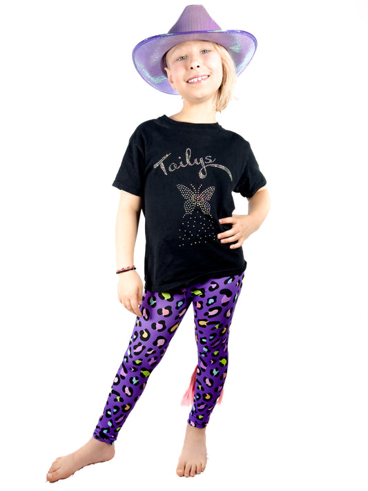 Girl wearing Original Purple Cheetah Print Girls Athletic Leggings with Tail by Tailys.