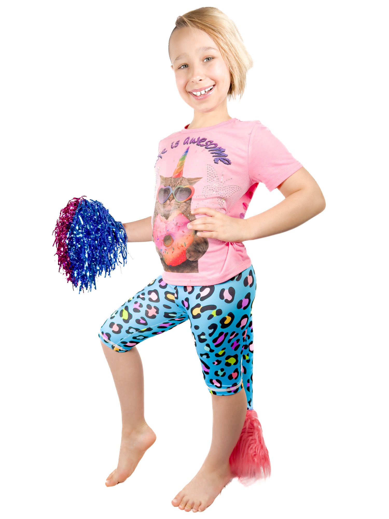 Girl wearing Tailys shorts for girls blue leopard print leggings tail pants.
