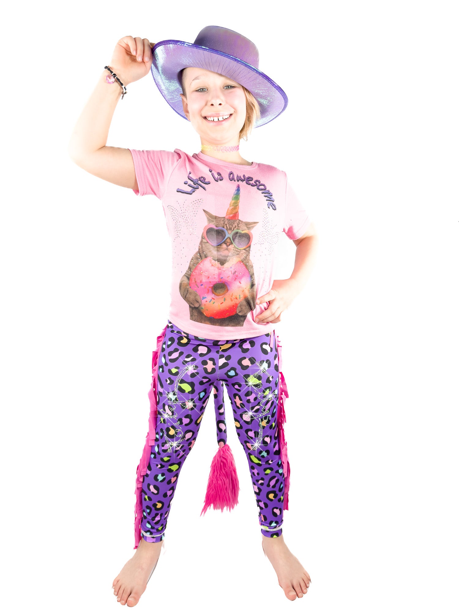 Girl and hat wearing Purple Leopard Print Girls Pants with Frills, Tail and Rhinestones by Tailys.