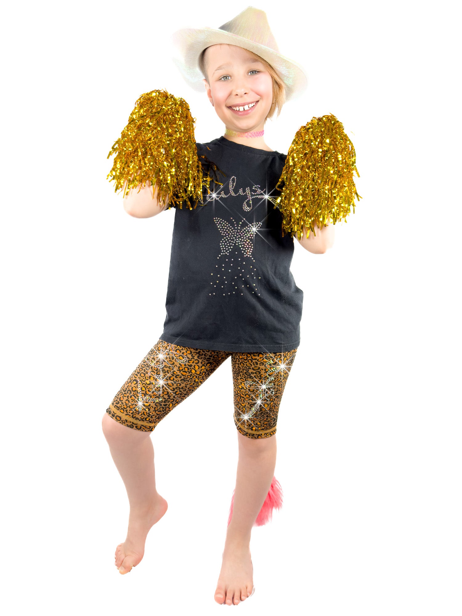 Cute Girl with pom-pom wearing Tailys sparkly rhinestone shorts for girls, brown cheetah print leggings tail pants.