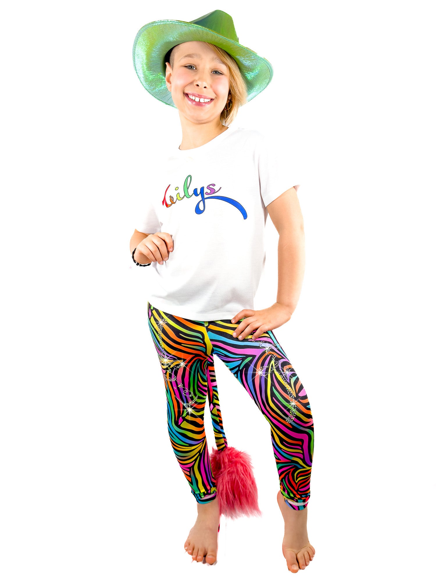 Girl with green hat wearing Rainbow Zebra Leggings Rhinestone tail pants by Tailys.