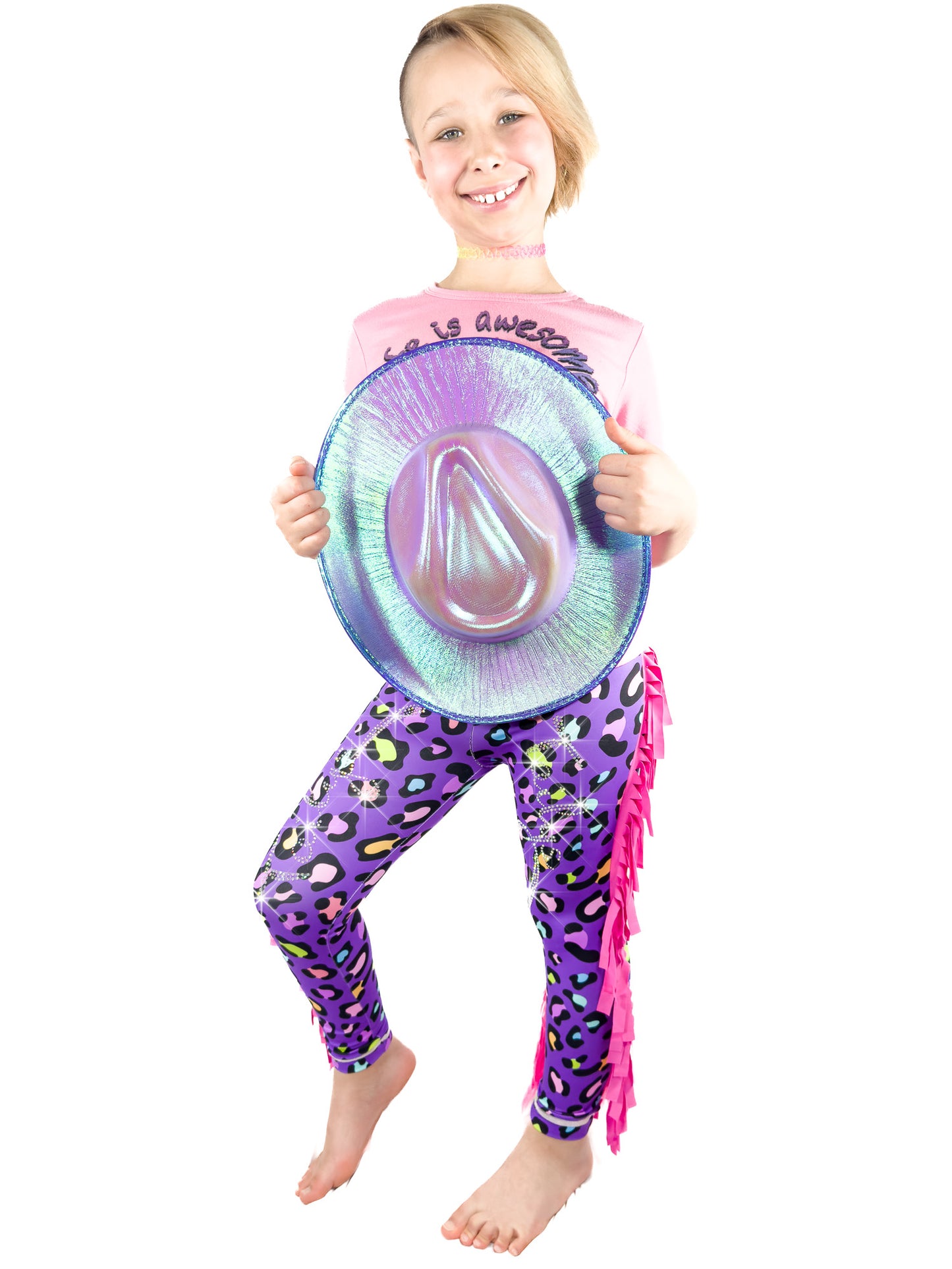 Girl with hat wearing Purple Leopard Print Girls Pants with Frills, Tail and Rhinestones by Tailys.