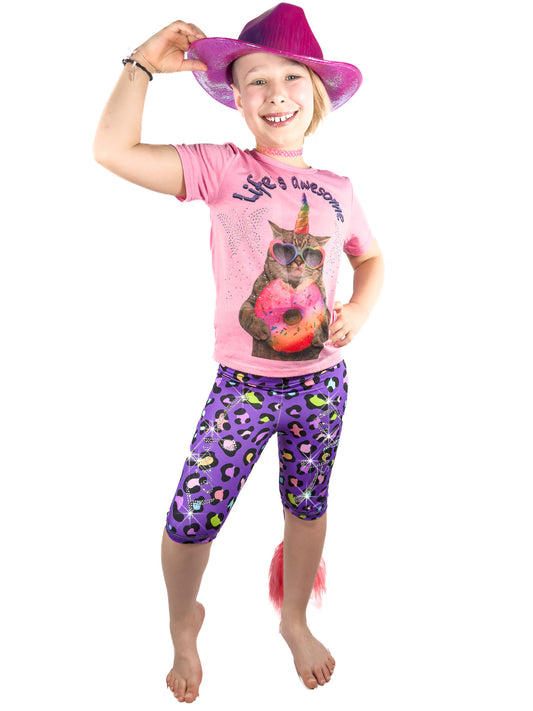 Girl with hat wearing Tailys sparkly rhinestone shorts for girls purple leopard print leggings tail pants.