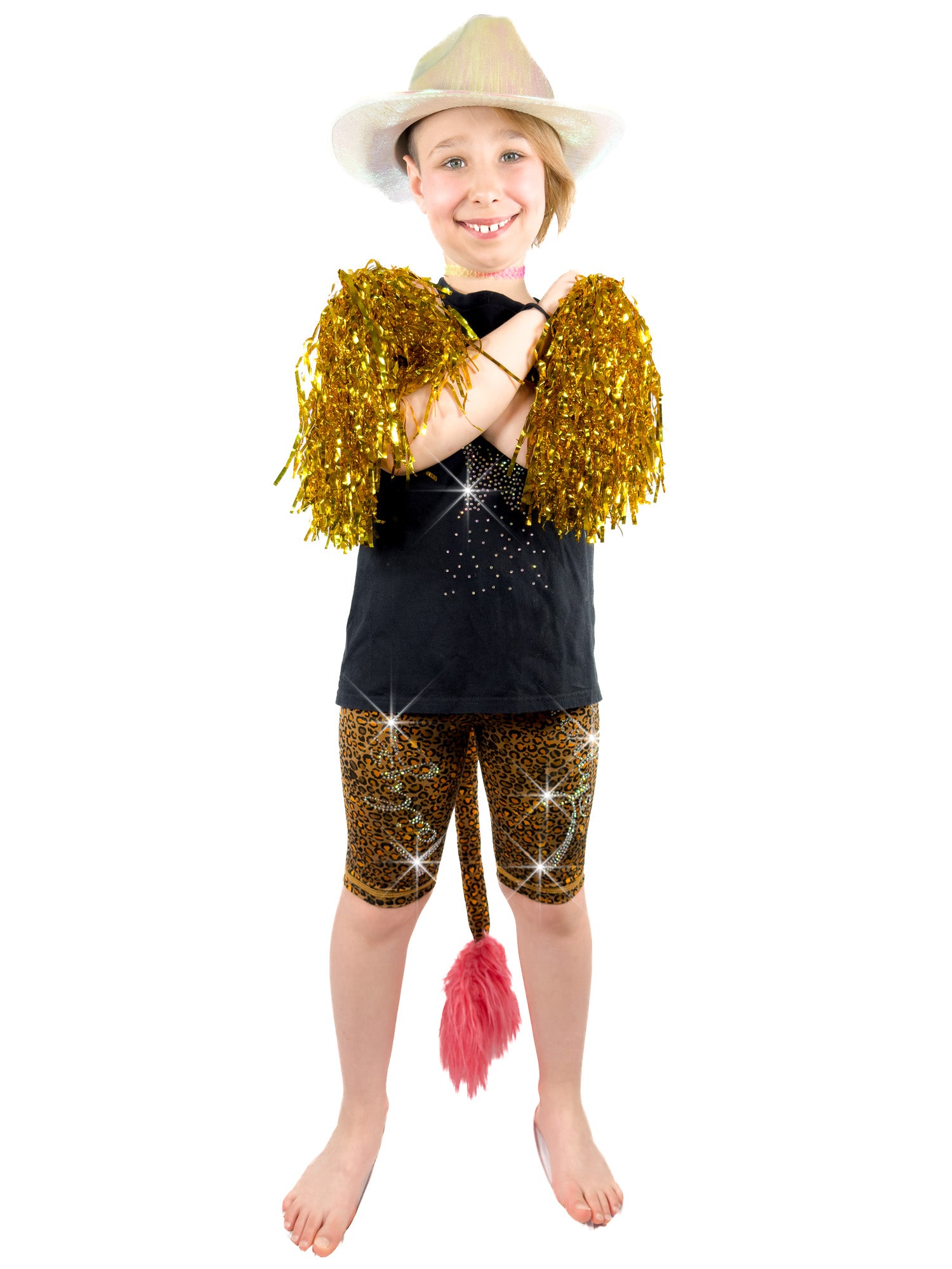 Girl with pom-pom wearing Tailys sparkly rhinestone shorts for girls, brown cheetah print leggings tail pants.