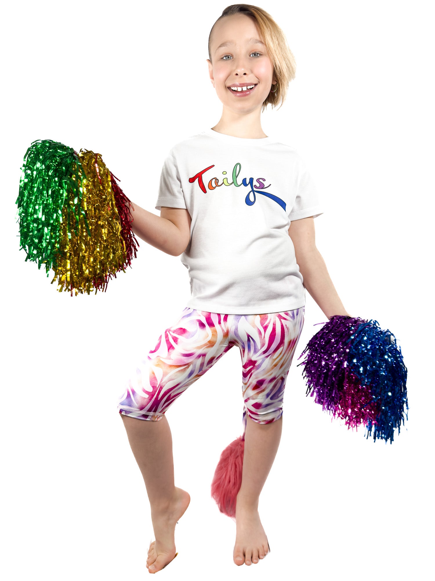 Sweet girl wearing Tailys, girls shorts, pastel zebra leopard print leggings tail pants.