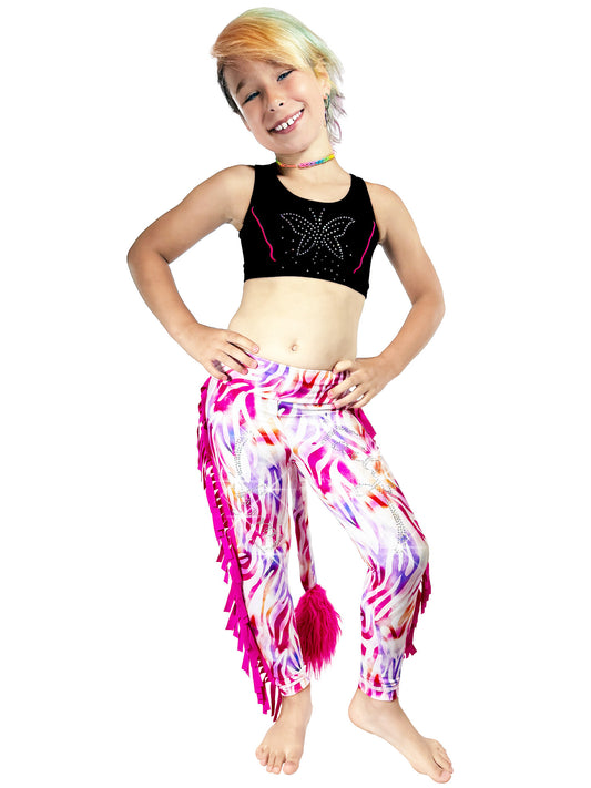 Outdoorsy girl wearing Zebra Print Leggings Ruffle Pants with Pink Frills and Tail by Tailys