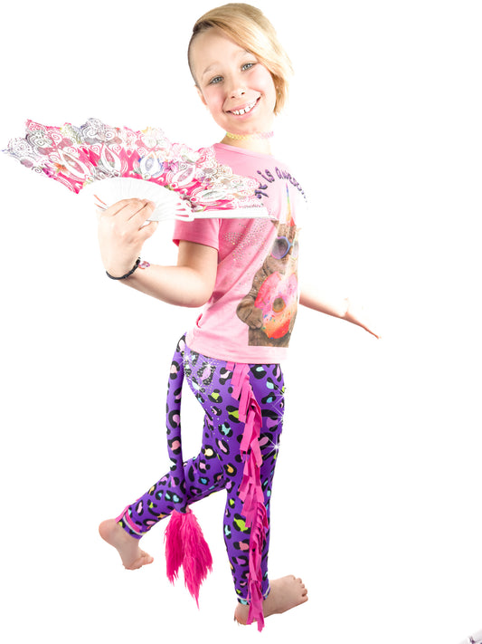 Girl with fan wearing Purple Leopard Print Girls Pants with Frills, Tail and Rhinestones by Tailys.