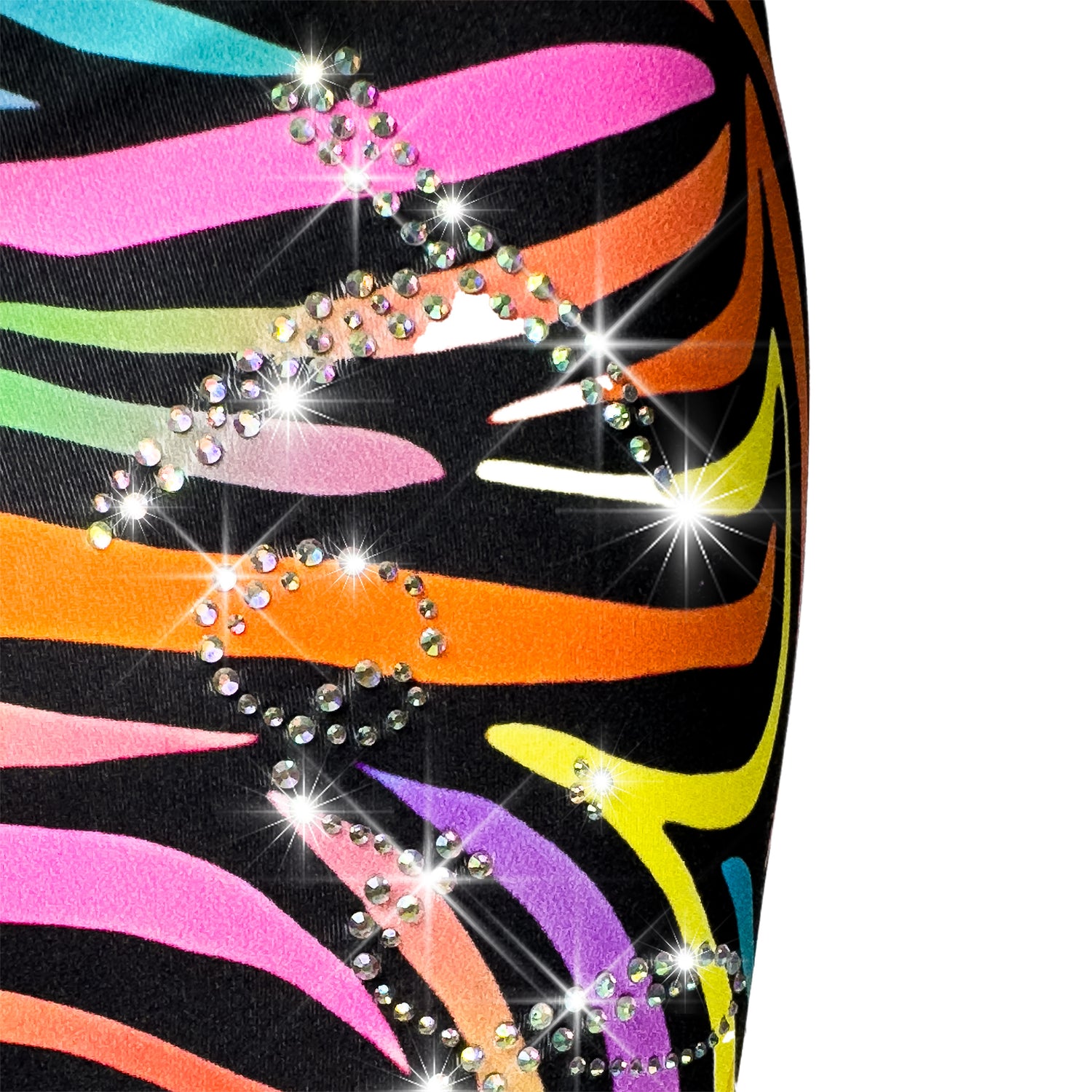 Close up picture of leggings Rhinestone with tail rainbow zebra fabric by Tailys.