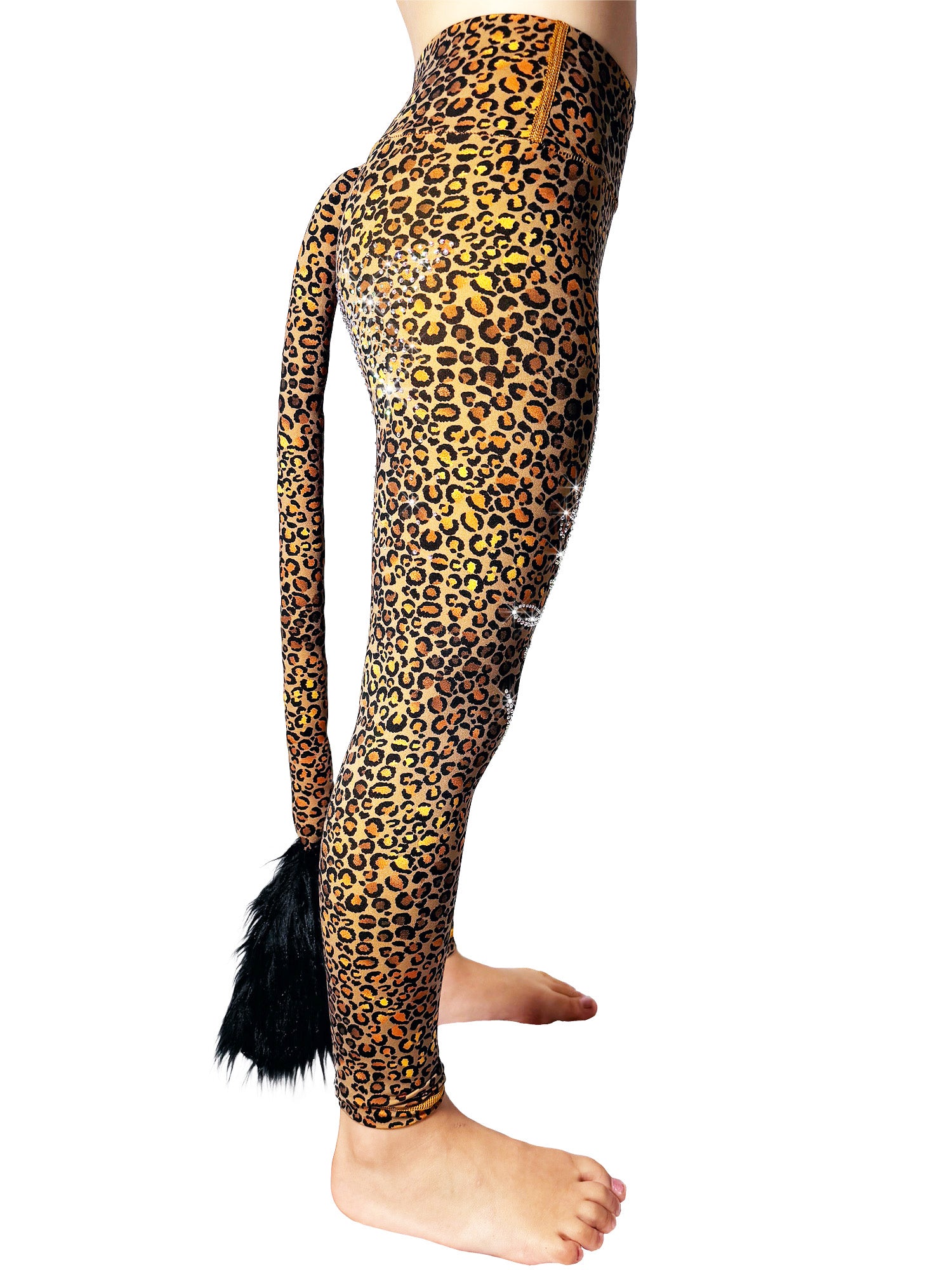 Side view of Brown Cheetah Leggings with Rhinestones and Tail by Tailys