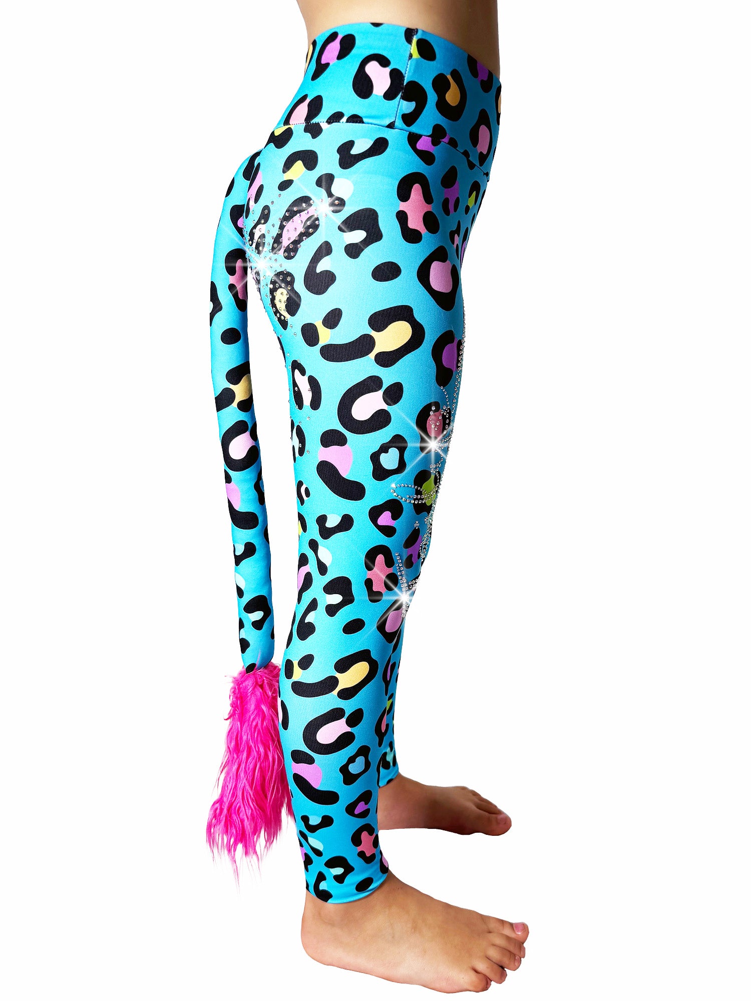 Side view of Blue Leopard Leggings Rhinestones Kids Tail Pants by Tailys