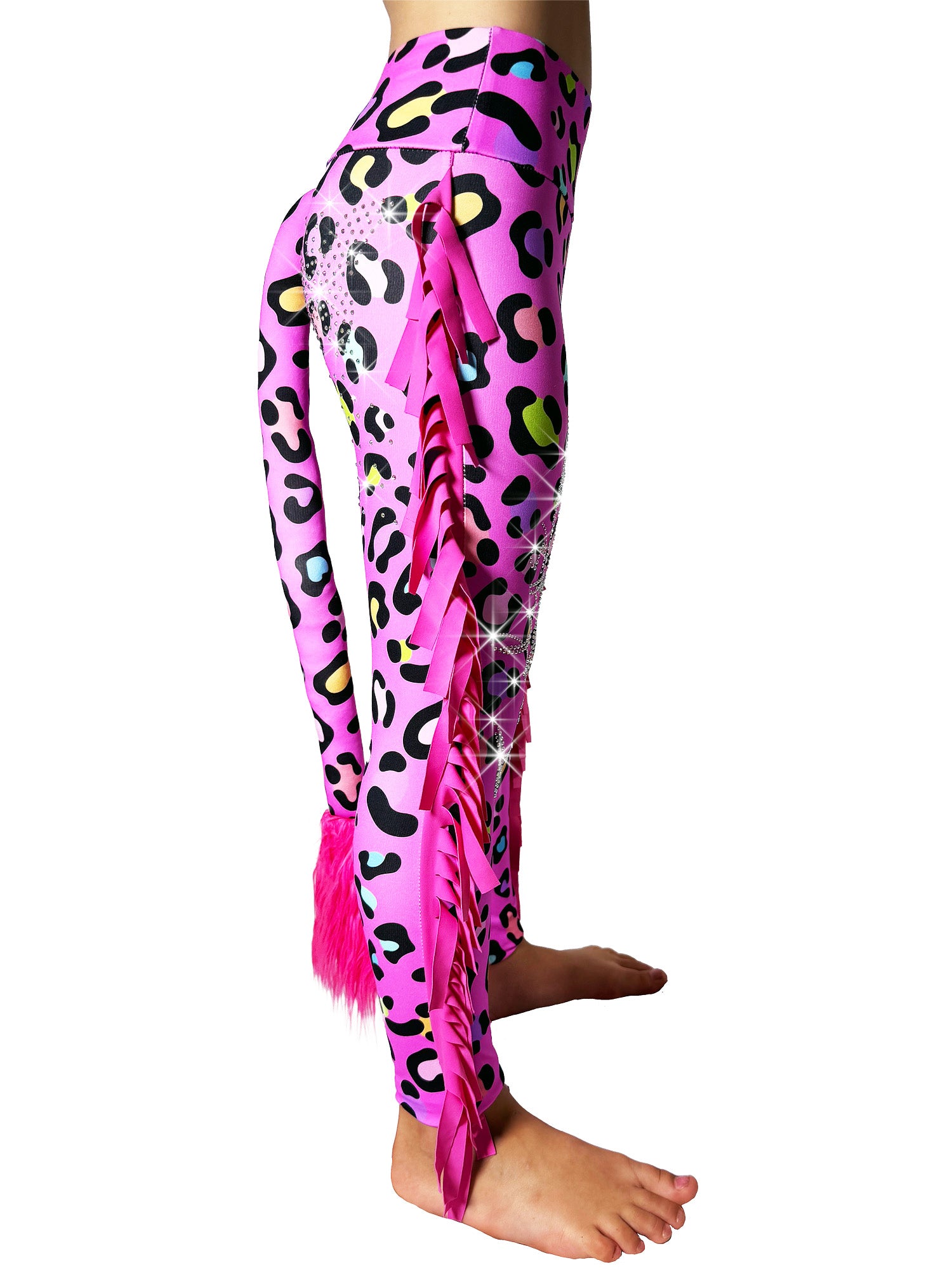 Side view of Pink Girls Ruffle Pants with Rhinestones Tail Pants by Tailys