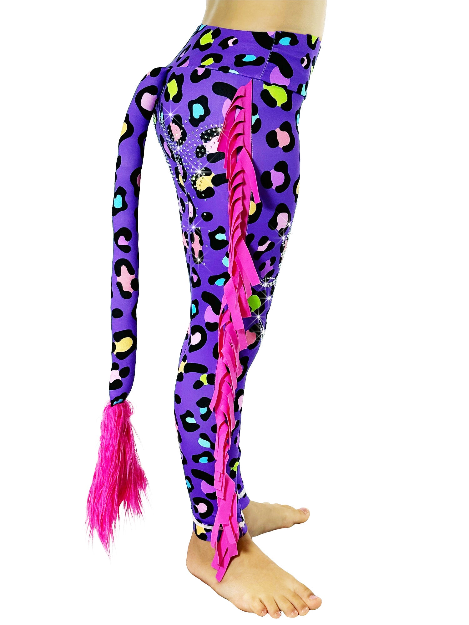 Side view of Purple Leopard Print Girls Pants with Frills, Tail and Rhinestones by Tailys.