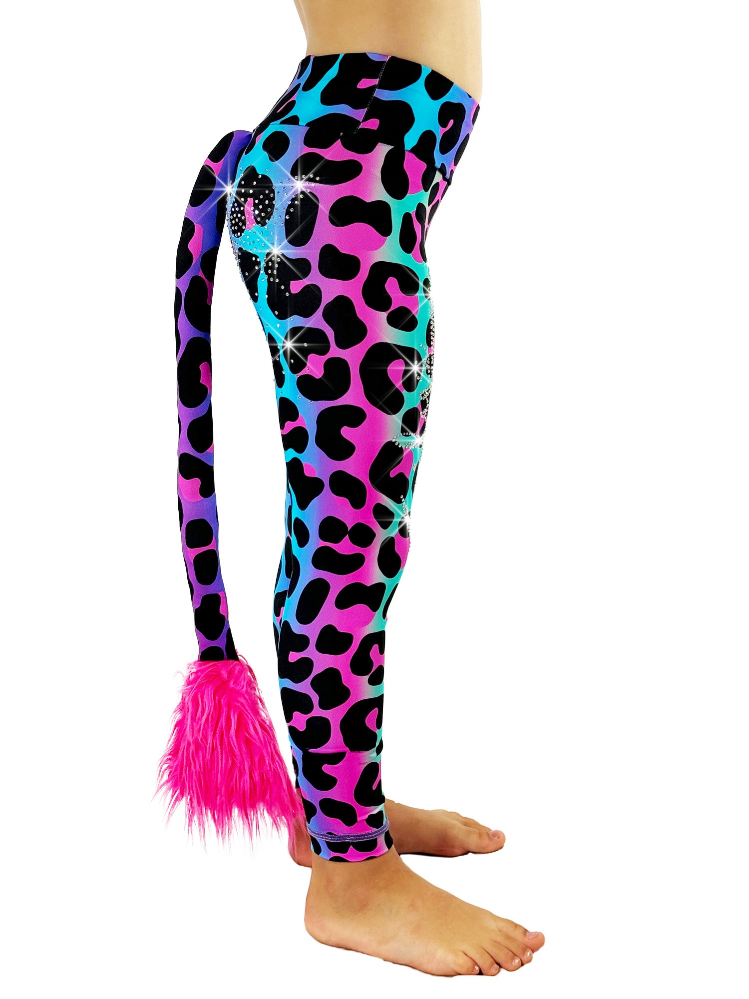 Side view of Rainbow Leopard Leggings Rhinestone Tail Pants by Tailys.