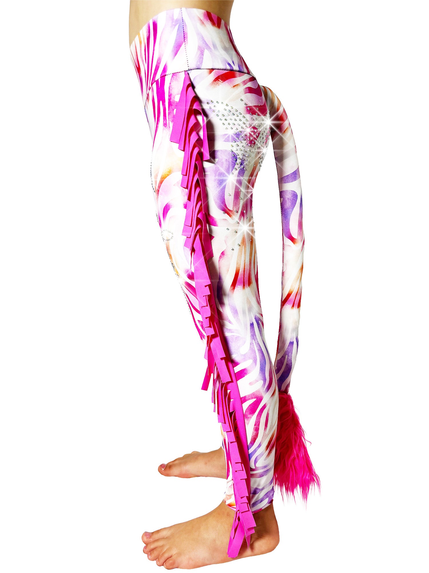 Side view of Zebra Print Leggings Ruffle Pants with Pink Frills and Tail by Tailys