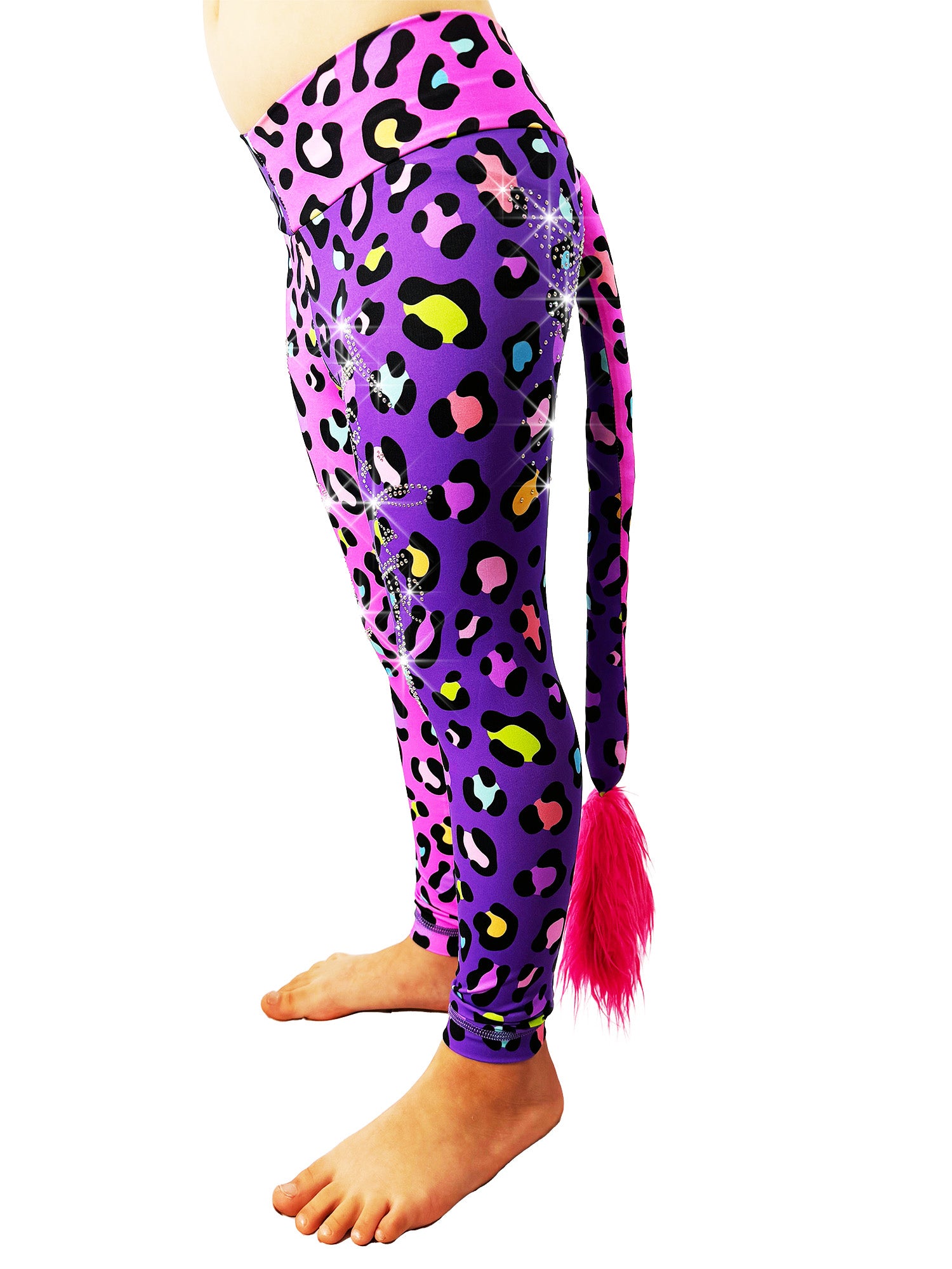 Side view of Tailys two tone leggings girls tail pants, pink and purple Cheetah print fabric with rhinestones.