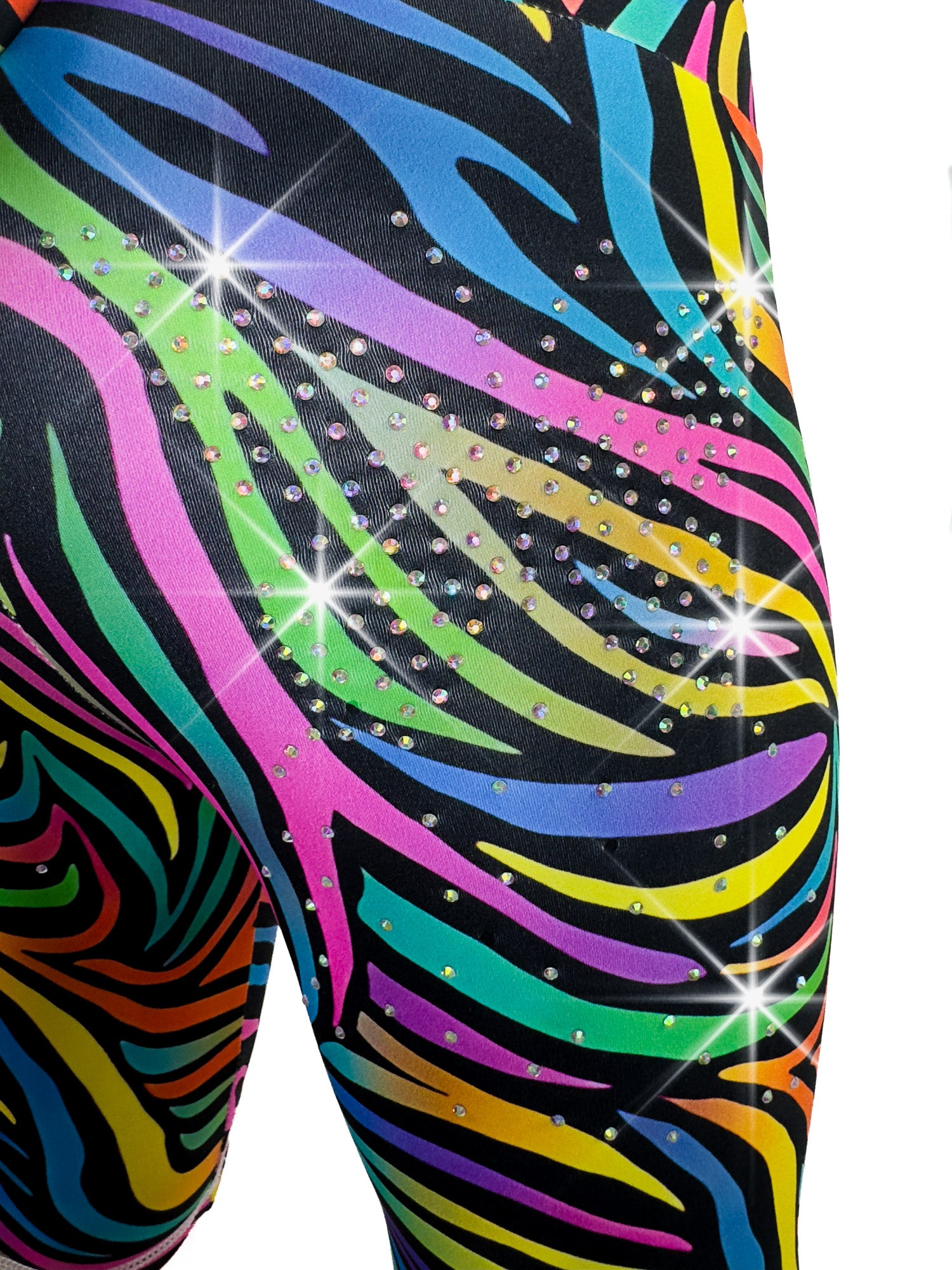 Close up back view of rhinestone Tailys kids shorts for girls rainbow zebra leggings tail pants.